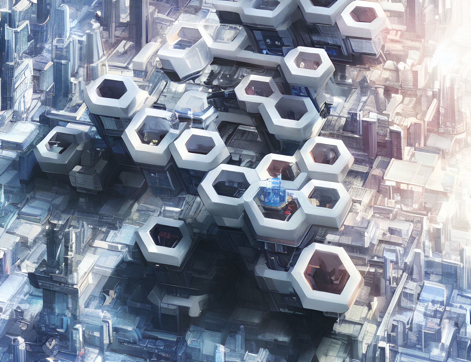 Futuristic cityscape with interconnected hexagonal structures above skyscrapers