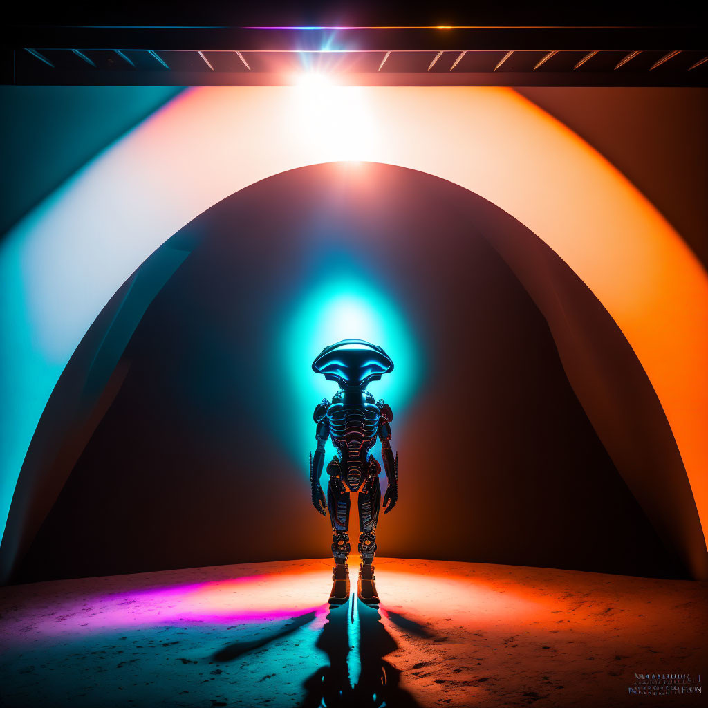 Futuristic robot under neon arch with bright glow