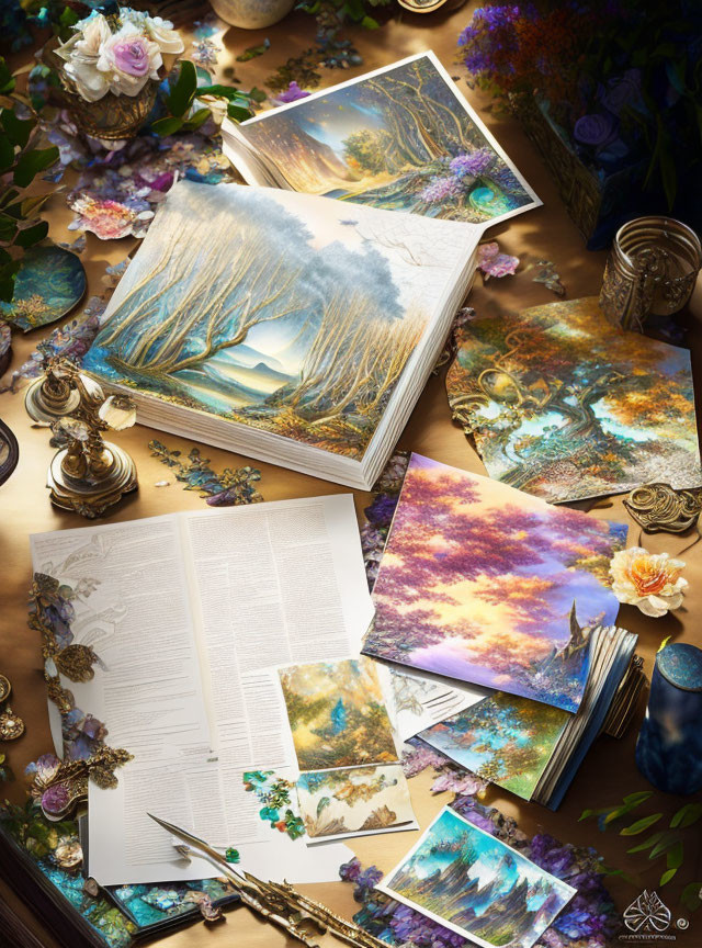 Desk with open books, vibrant landscape paintings, scattered illustrations, flowers, and art materials in warm light