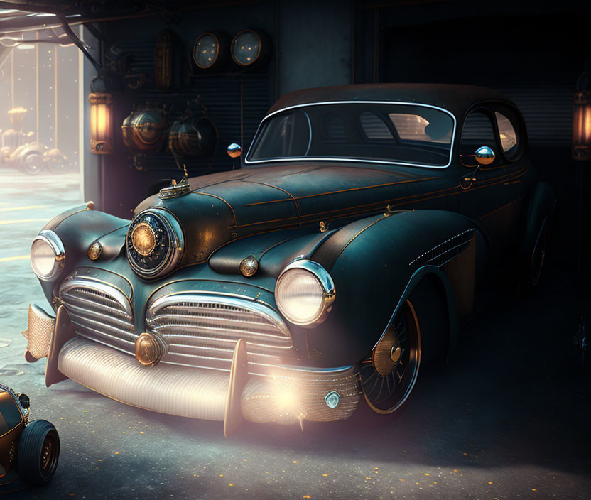 Classic Vintage Car with Chrome Details in Dimly Lit Garage