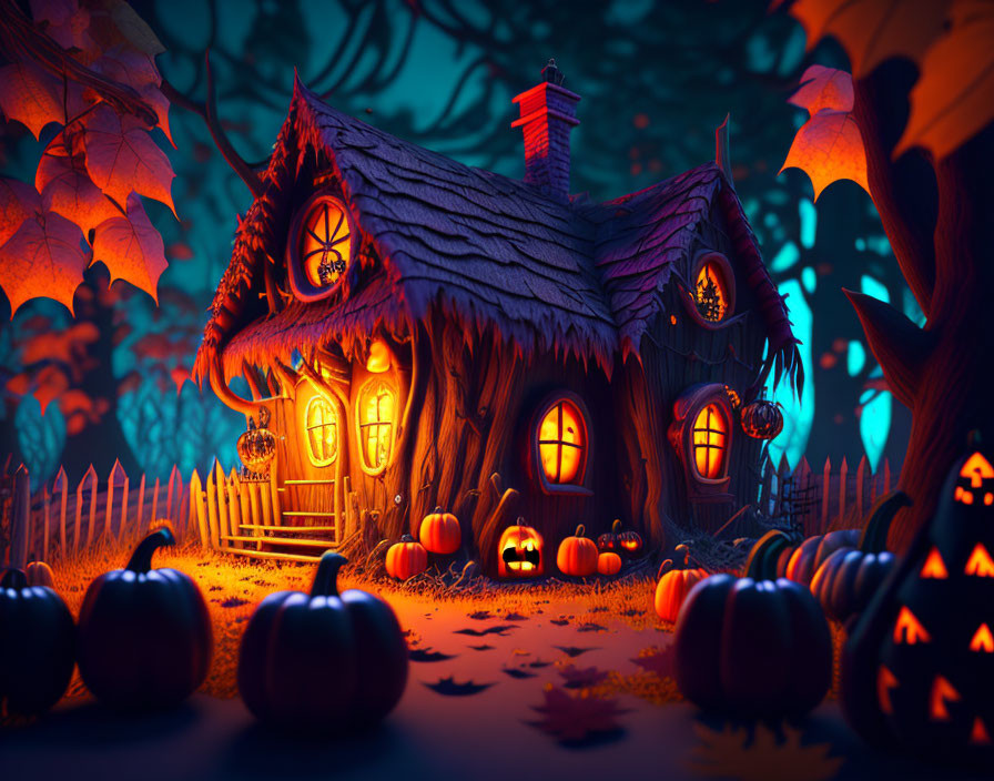 Whimsical Halloween-themed cottage with glowing pumpkins and eerie trees