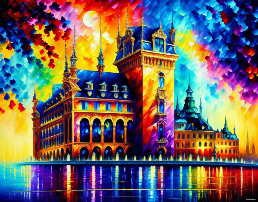 Colorful painting: European-style building under moonlight