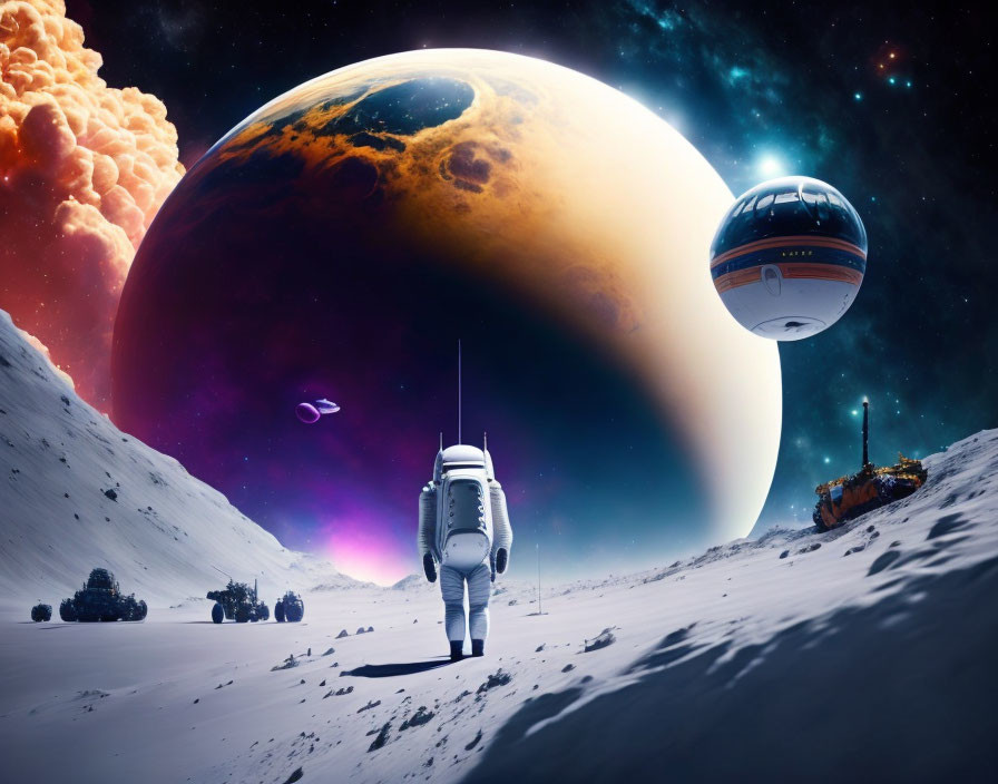 Astronaut near spacecraft on snowy alien world with giant planet and moons.