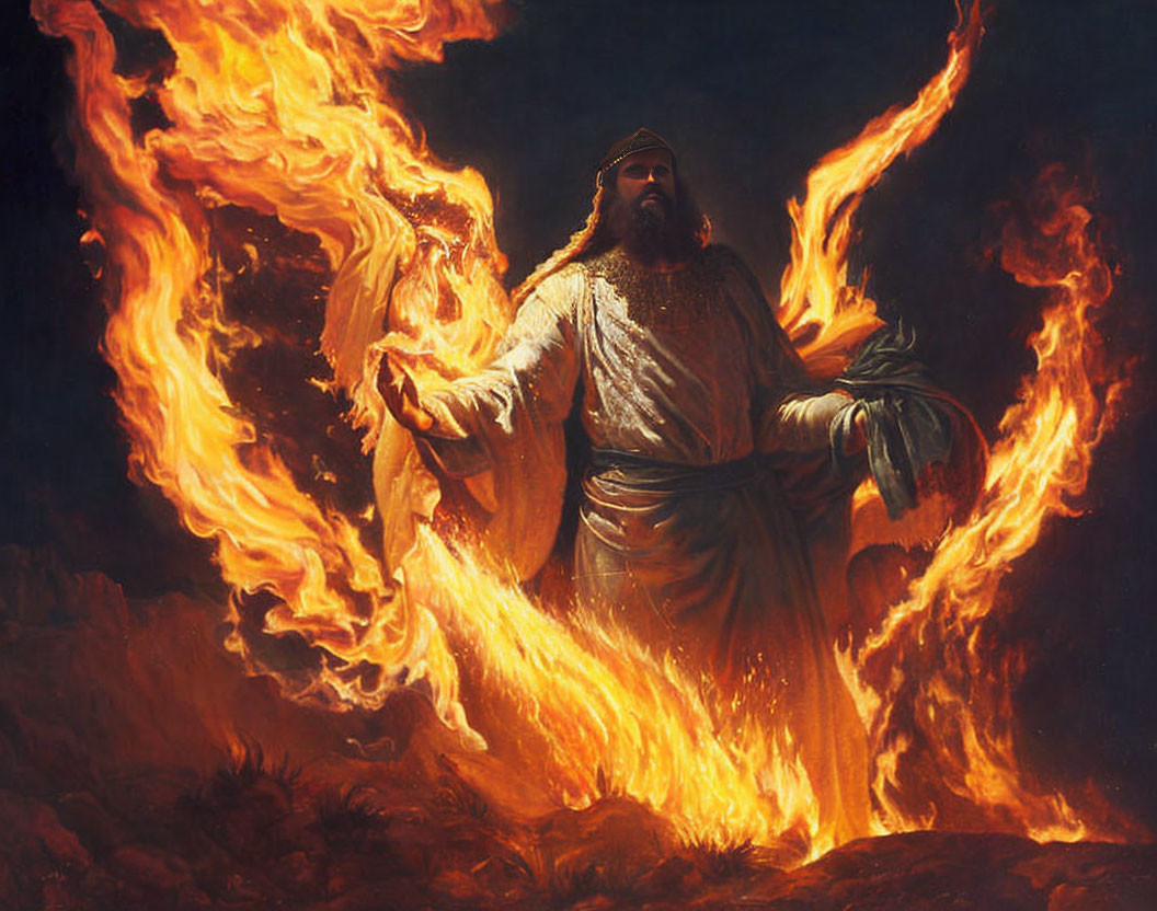 Regal figure in fiery backdrop painting