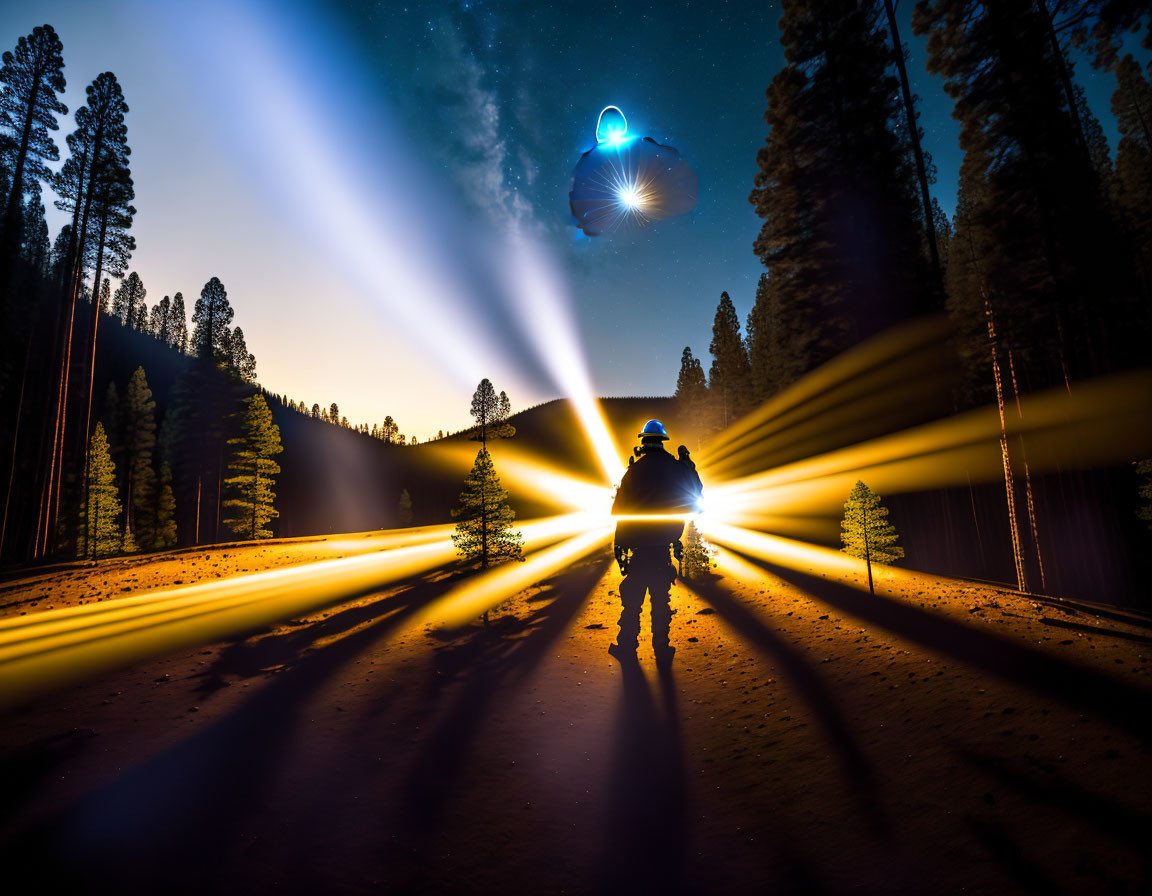 Silhouetted figure in forest at night with glowing lights and surreal object