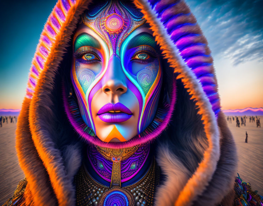 Intricate face paint on person in hooded garment against desert backdrop