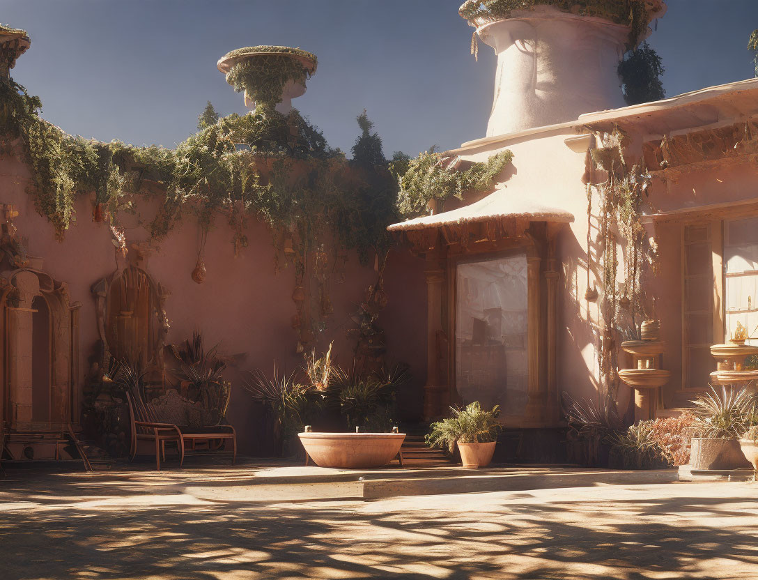 Vintage architecture and overgrown plants in sunlit courtyard