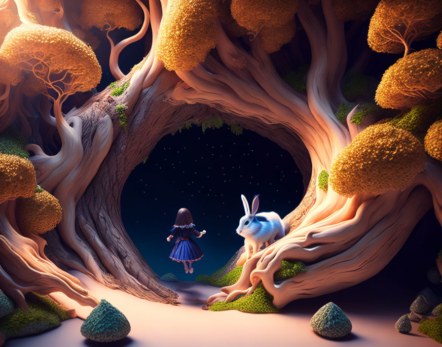 Illustration: Girl and rabbit by magical tree with starry portal