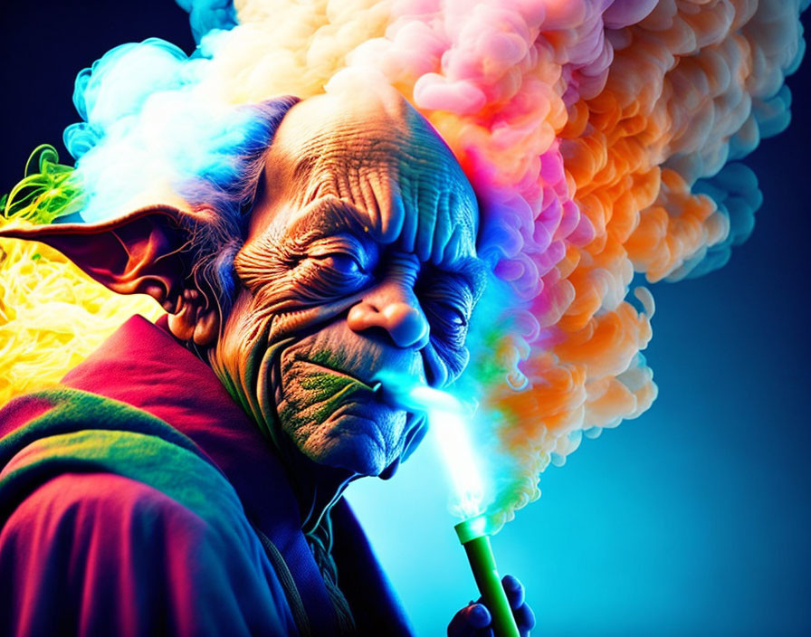 Exaggerated facial features blowing colorful smoke from a pipe