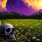 Surreal landscape with skull, flowers, stars, sun & clouds