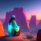 Native American person in traditional attire overlooking desert rock formations at twilight.