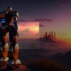 Futuristic robot on mountain top at sunrise with towering rock formations