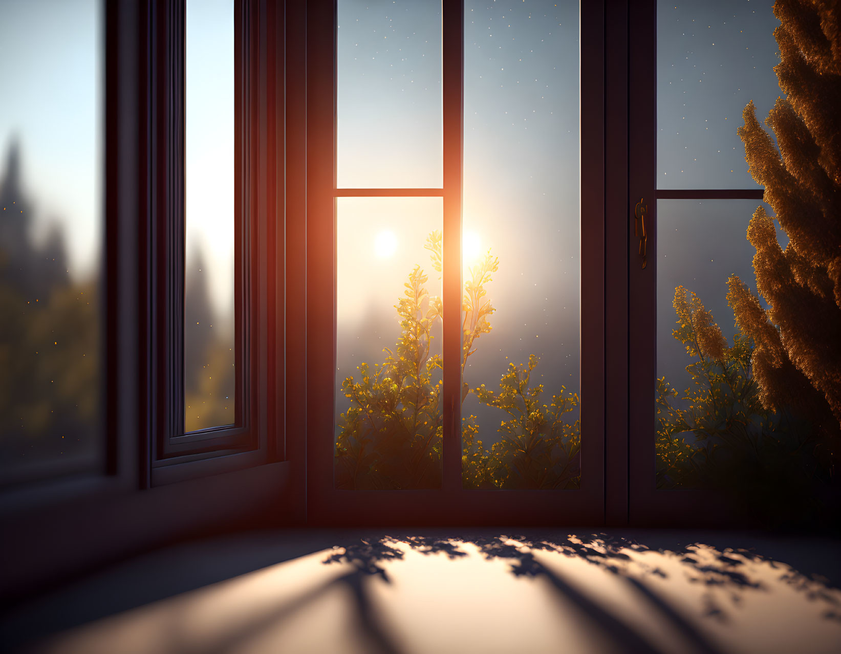 Sunlit Plants and Shadows Through Open Window at Sunset