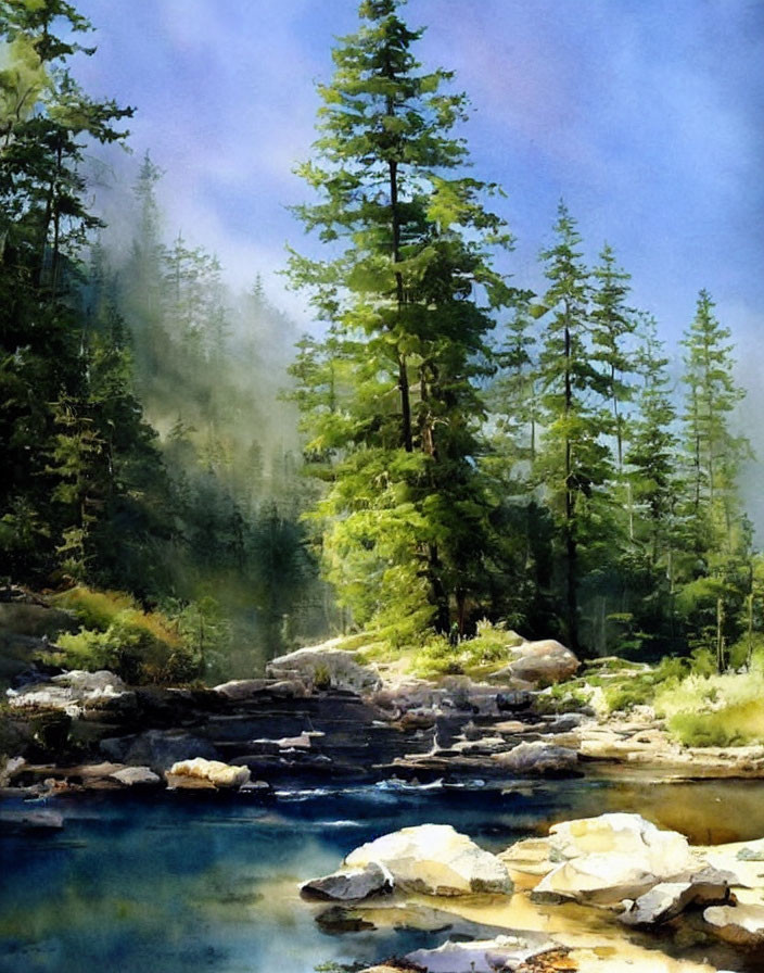 Tranquil forest landscape with tall trees and calm river