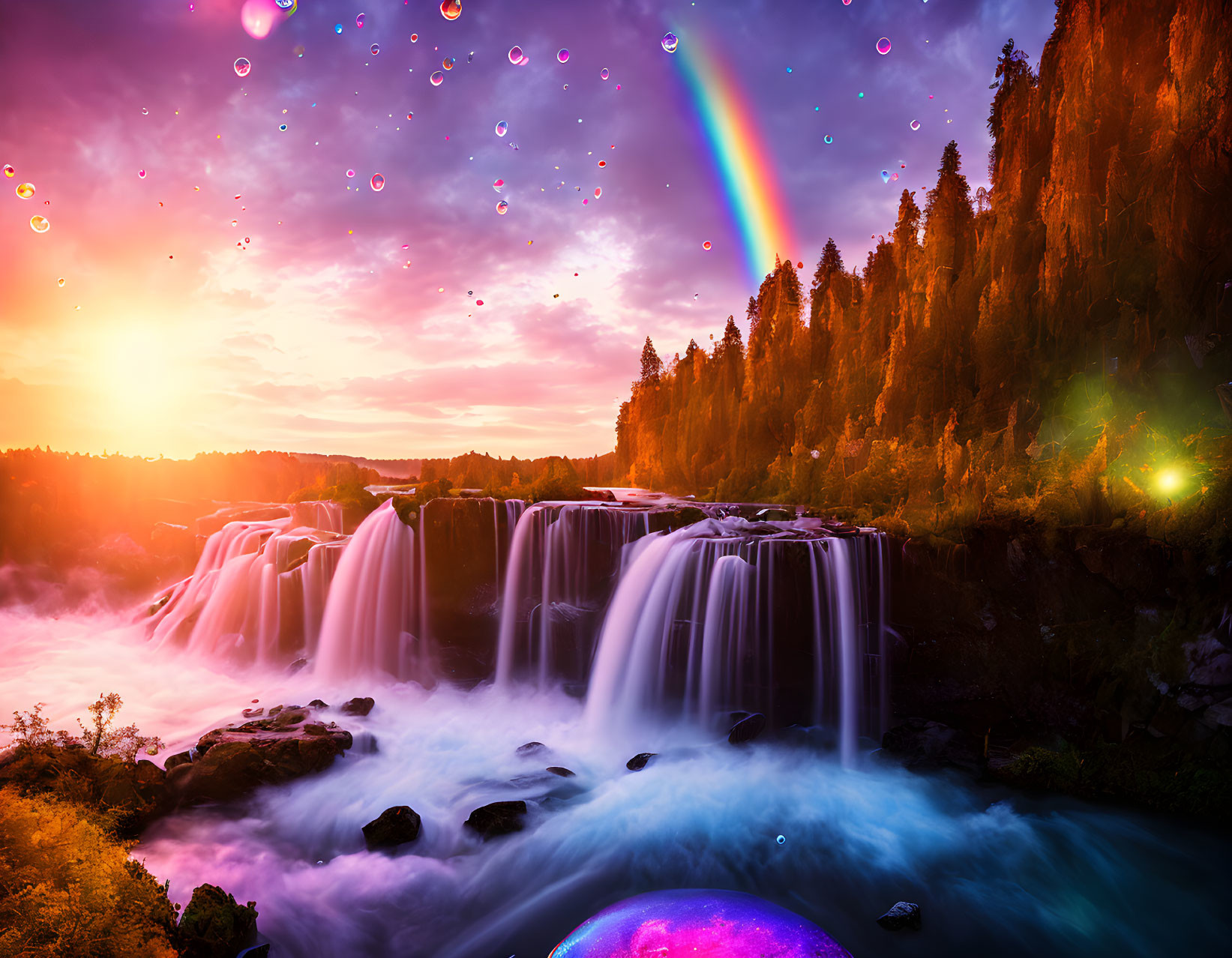 Multicolored sky over vibrant waterfall scene