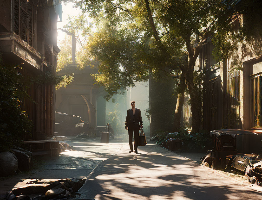 Man standing in sunlit alley with old buildings and abandoned items