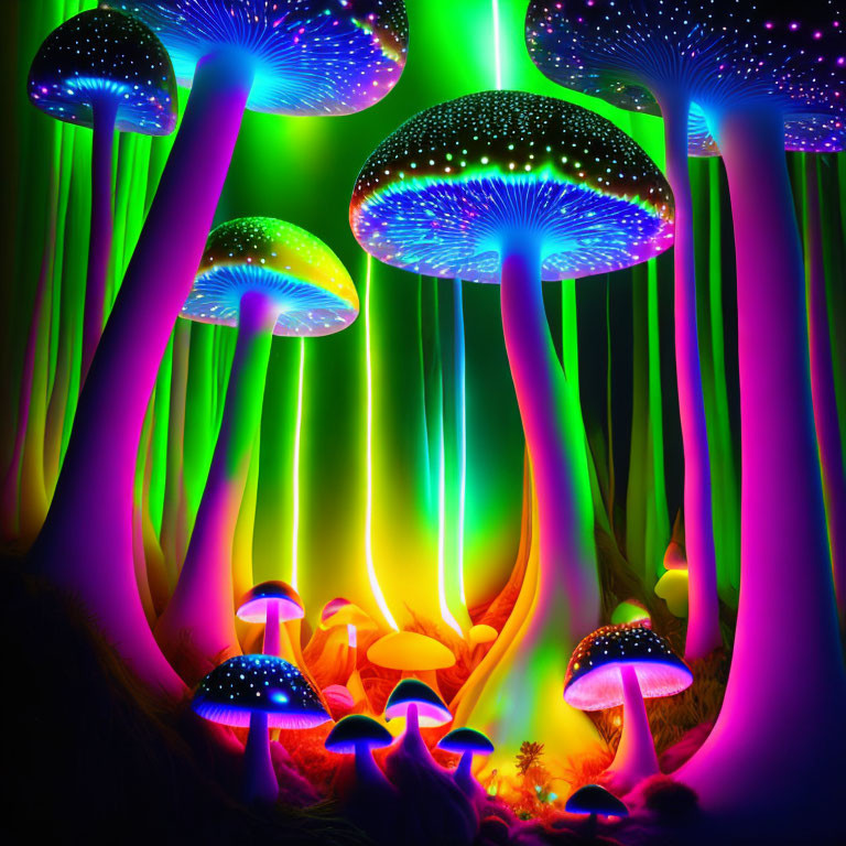 Colorful Neon-Lit Fantasy Mushrooms Emitting Magical Glow