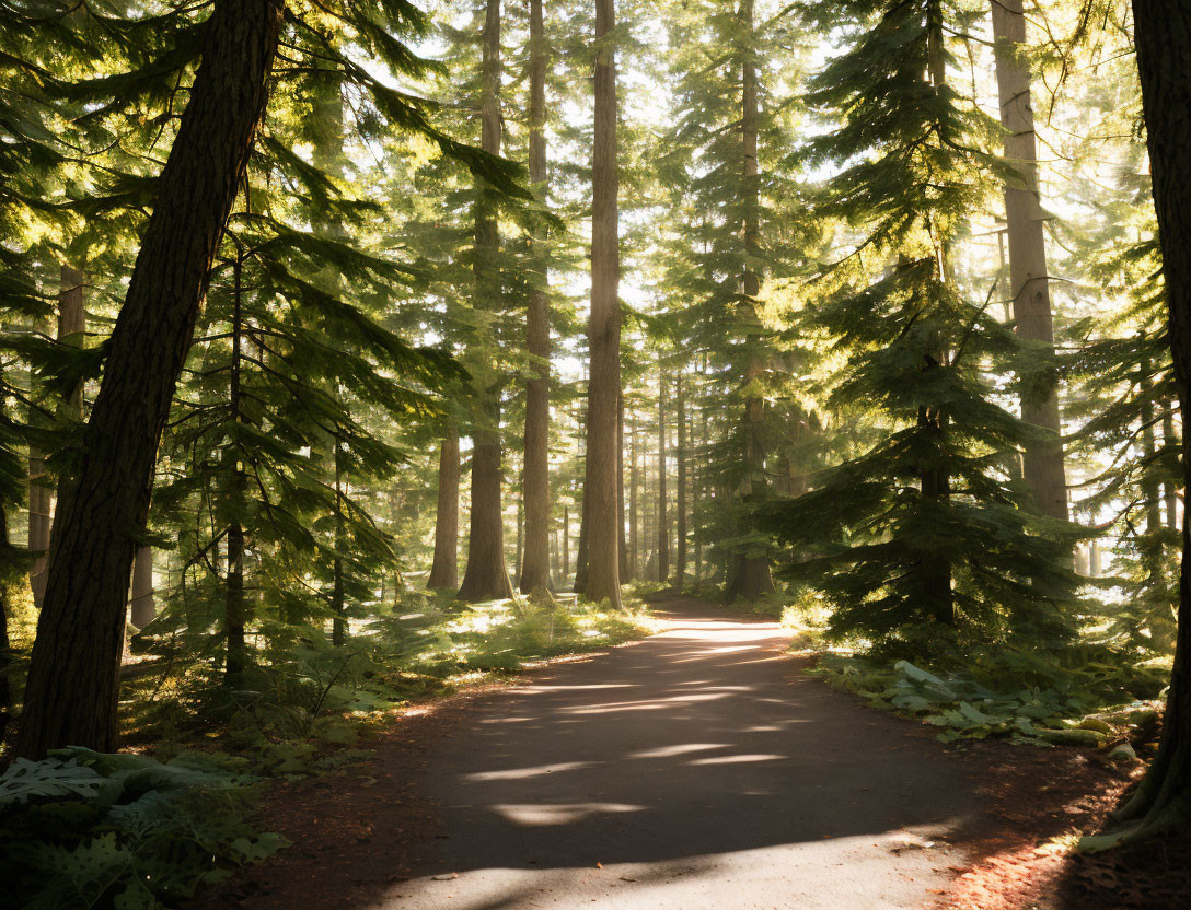 Dense forest sunlight filtering on dirt path