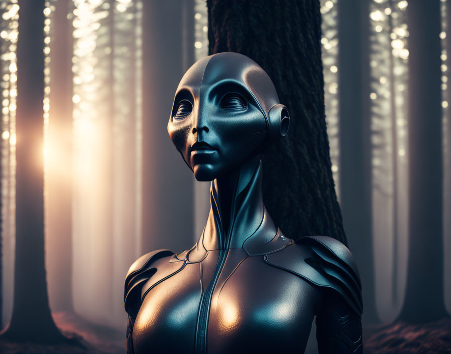 Sleek humanoid robot in forest with sunlight filtering through trees