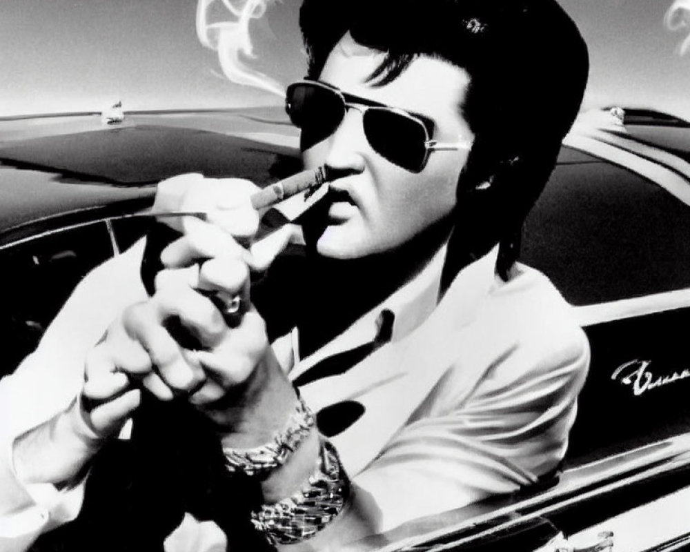 Monochrome image of man in sunglasses lighting cigarette with classic car in background