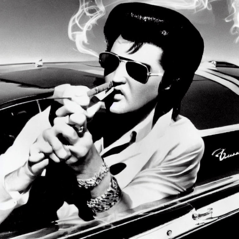 Monochrome image of man in sunglasses lighting cigarette with classic car in background