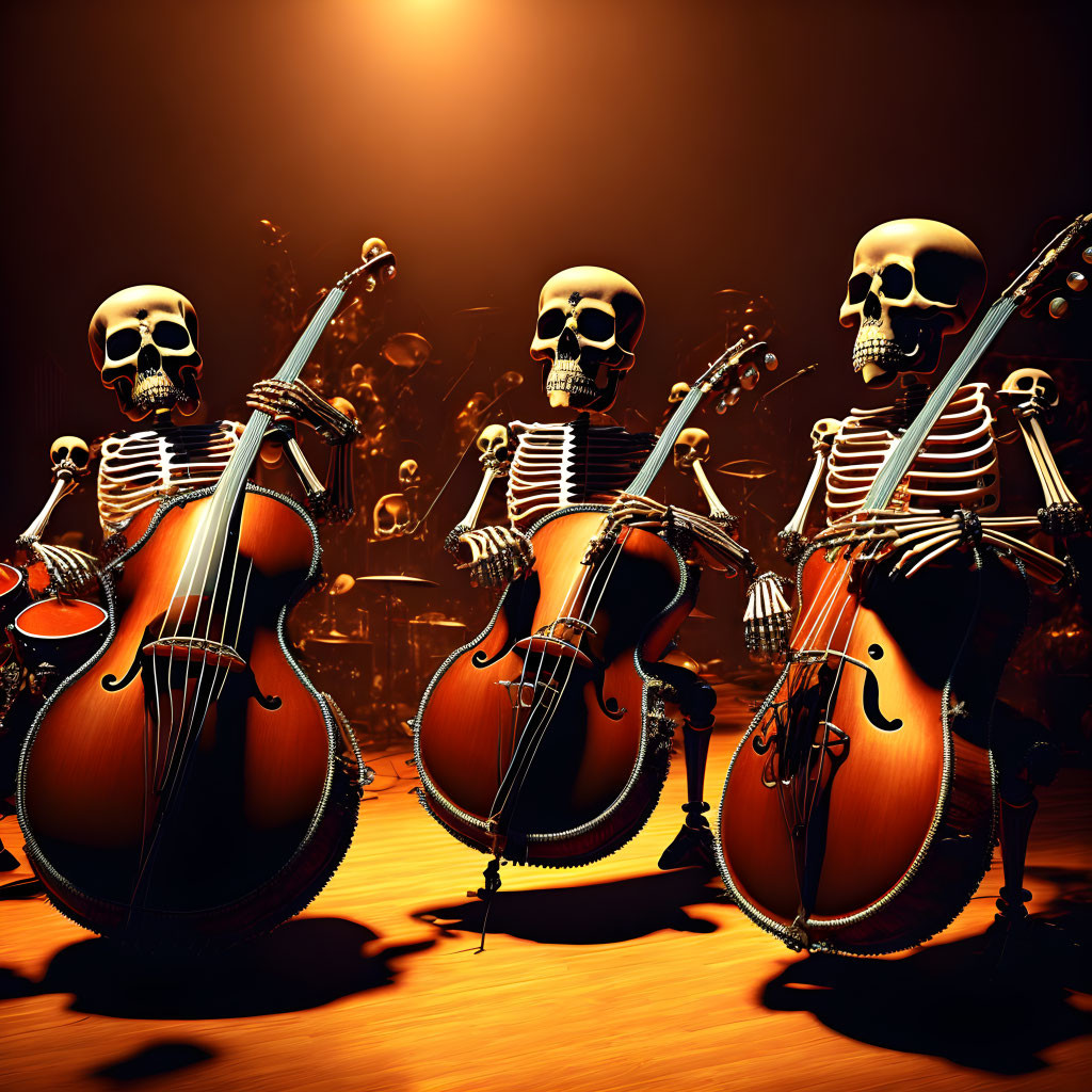 Skeletons playing cellos on stage with dramatic lighting