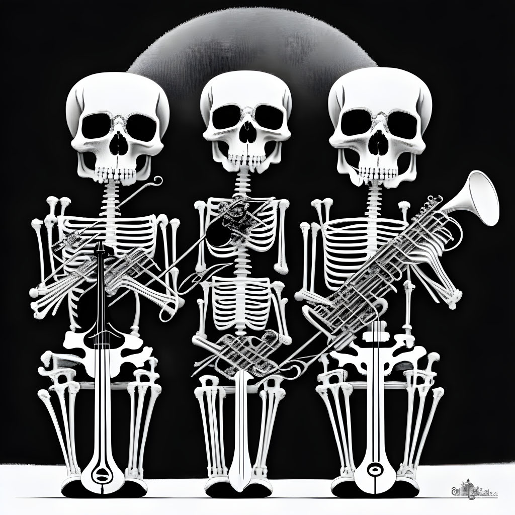 Stylized skeletons playing instruments under large skull against black background