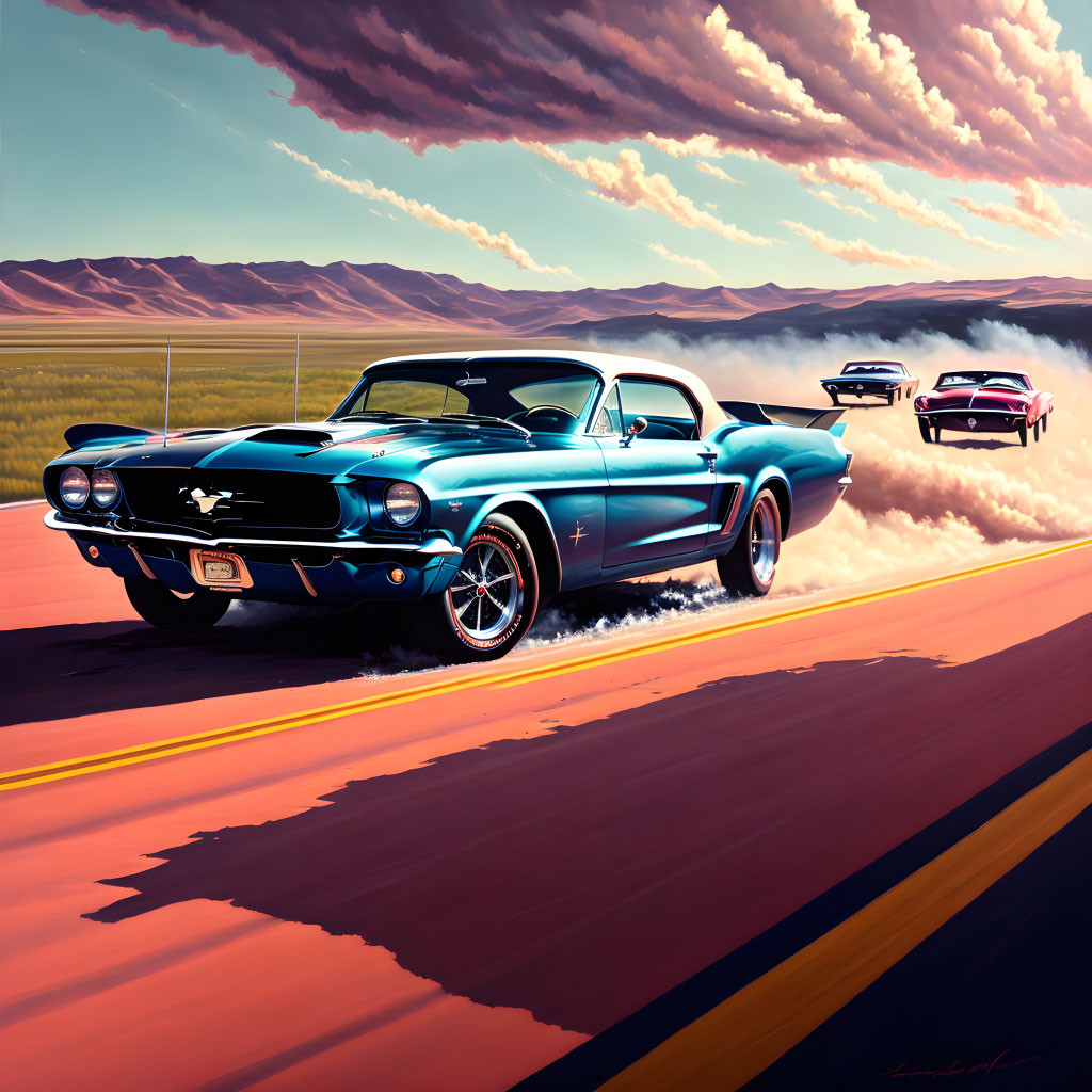 Classic Blue Mustang Speeding on Highway with Vintage Cars in Sunset Sky