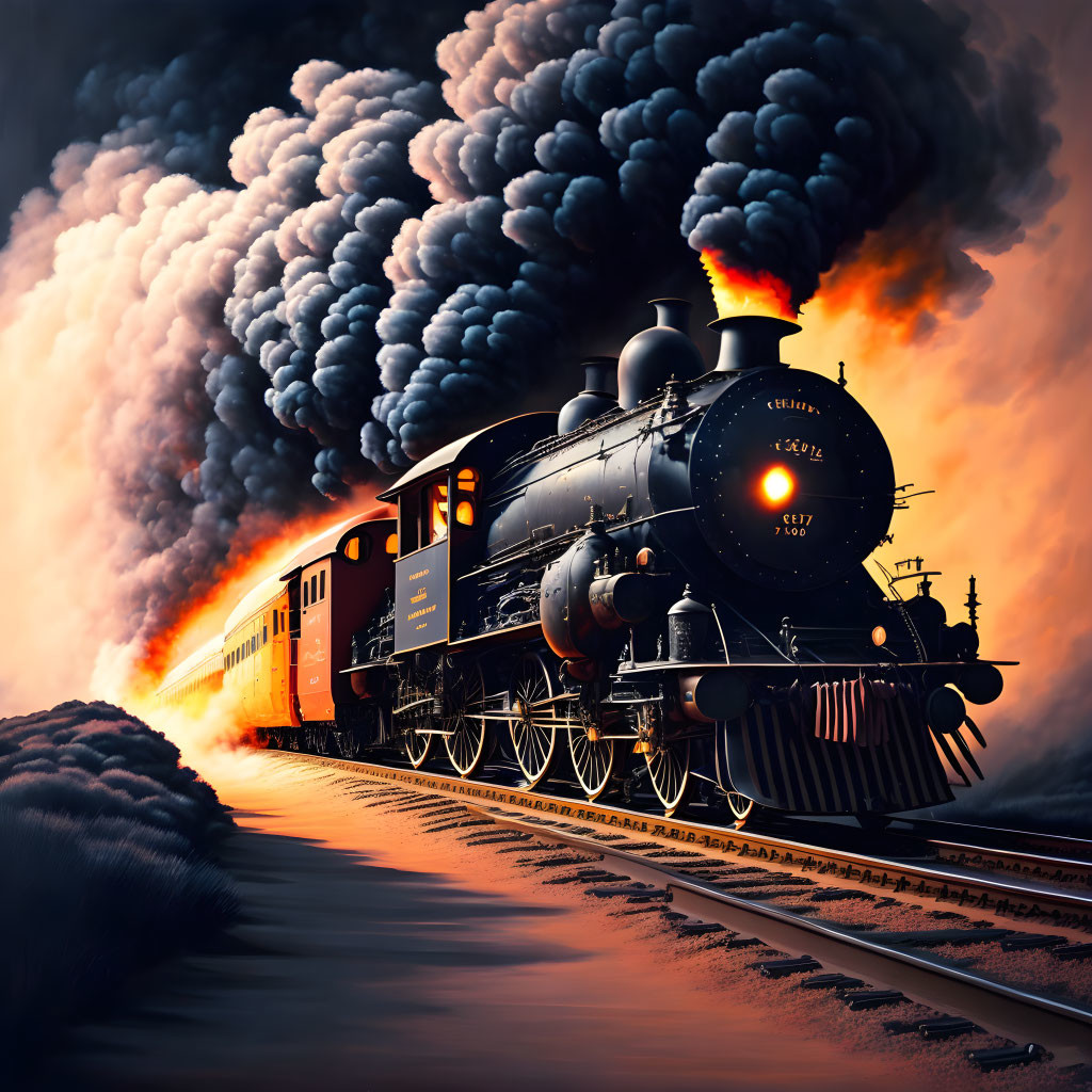 Vintage Steam Locomotive on Tracks at Dusk Emitting Smoke