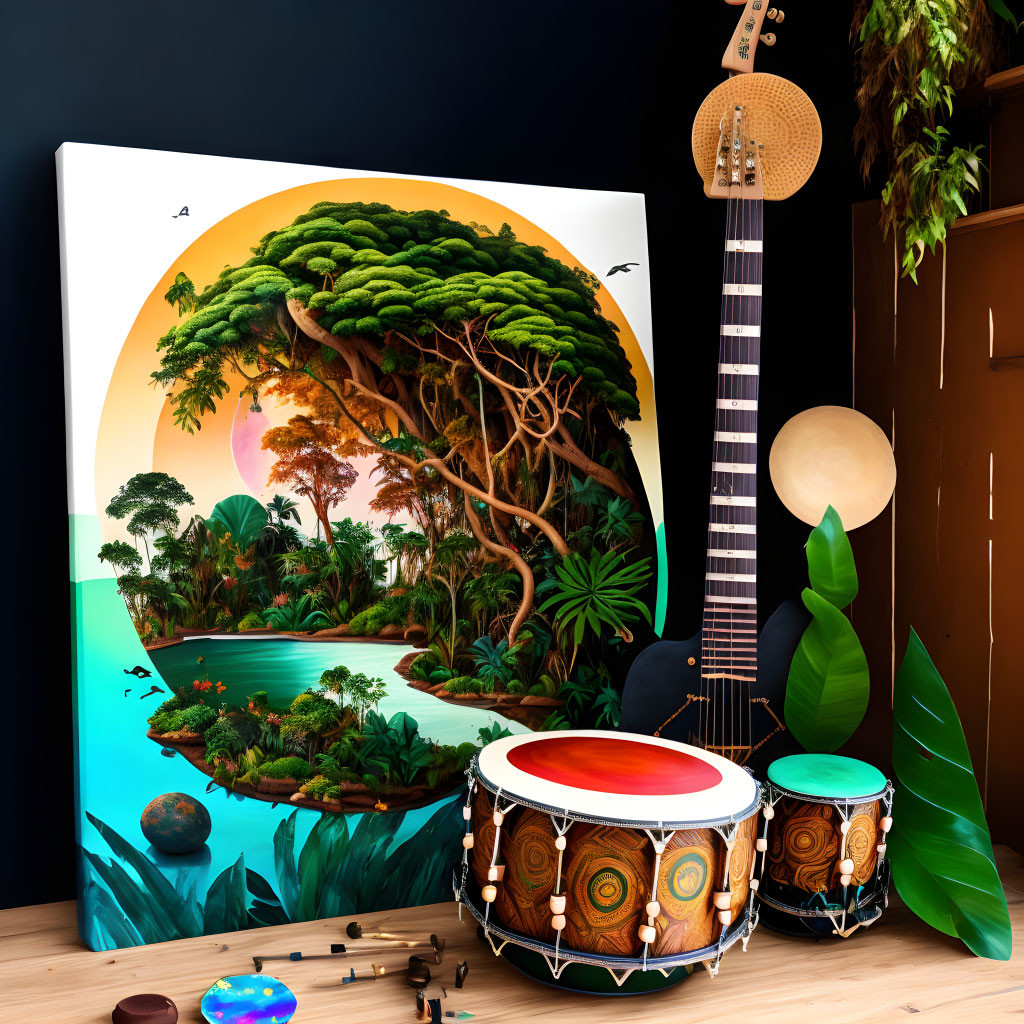 Colorful landscape painting with musical instruments in a dark room