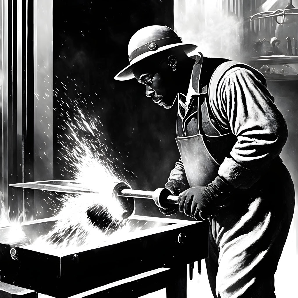 Monochrome illustration of worker grinding metal with sparks