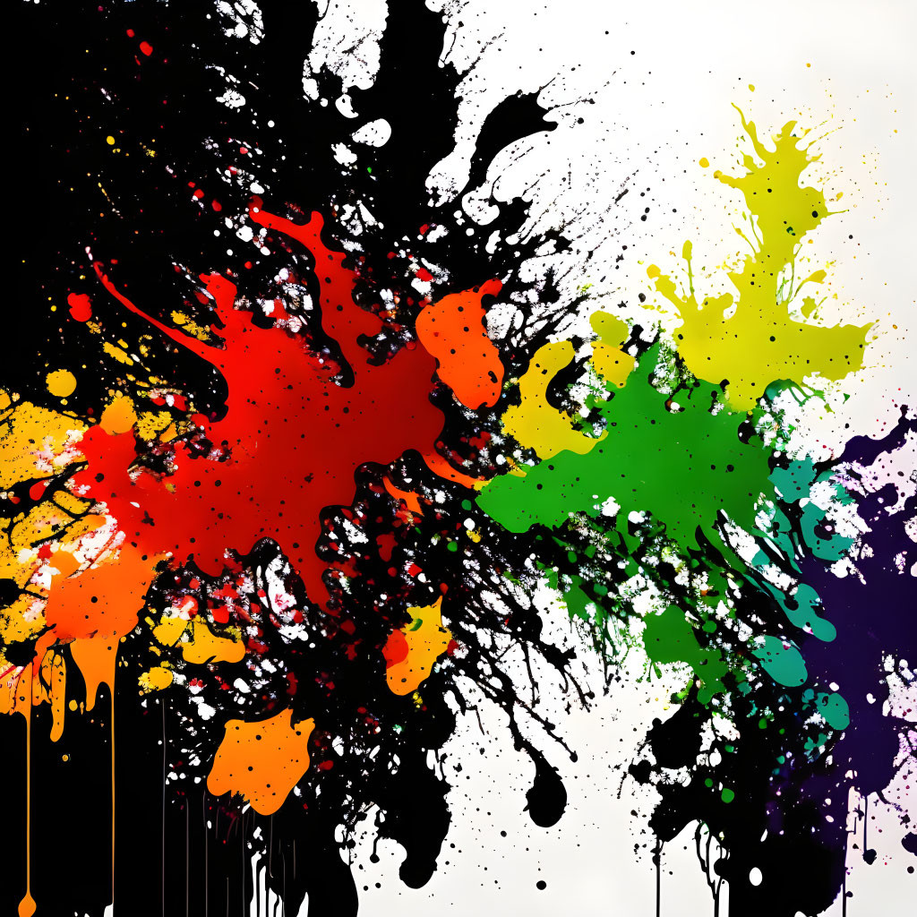 Colorful Abstract Ink Splash on White Background in Red, Yellow, Green, and Black