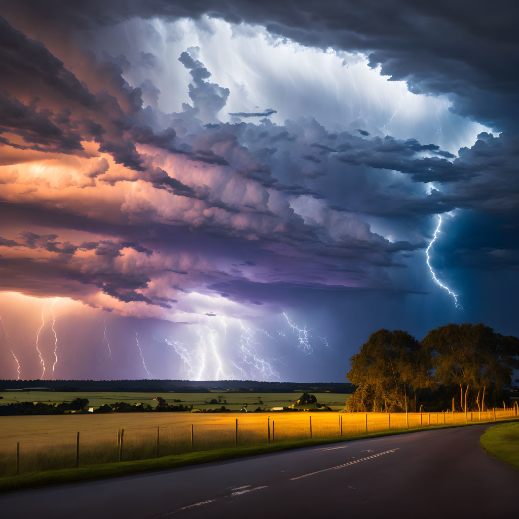 Dramatic thunderstorm with lightning strikes over rural landscape