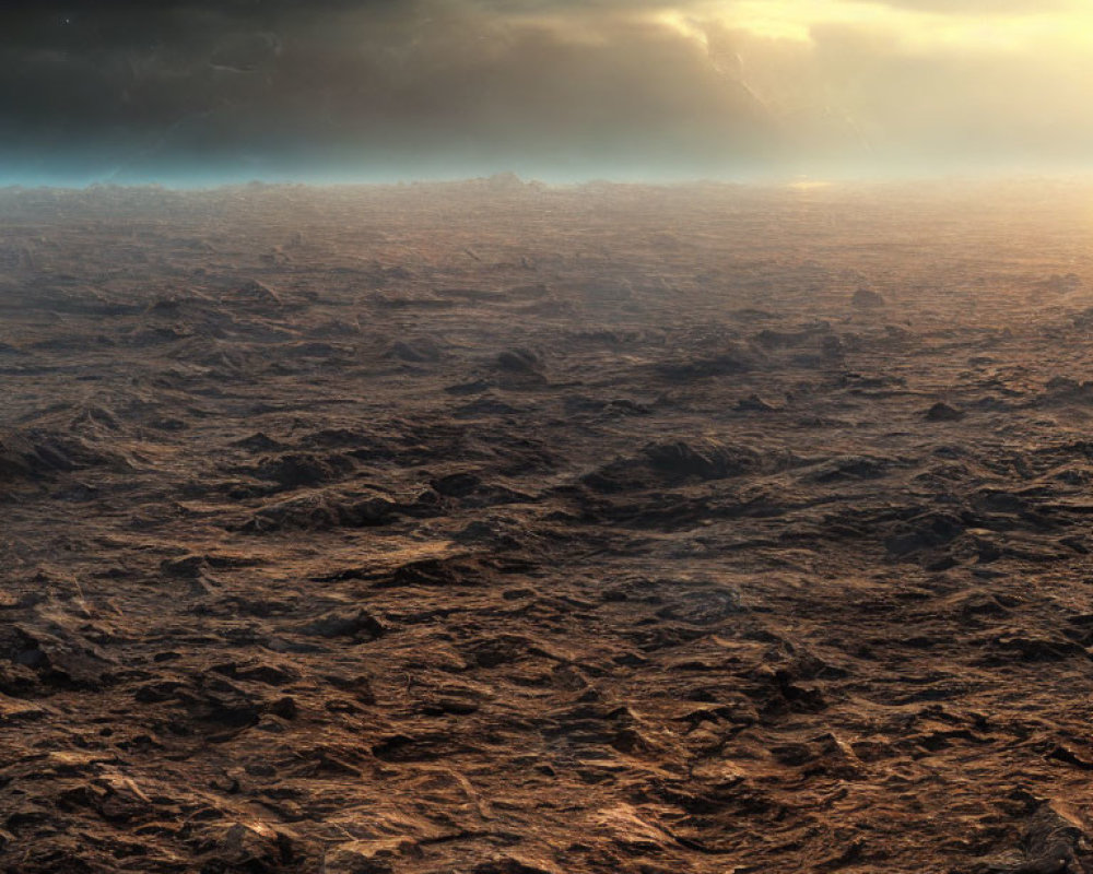 Barren landscape with rugged rocky terrain under dramatic sky