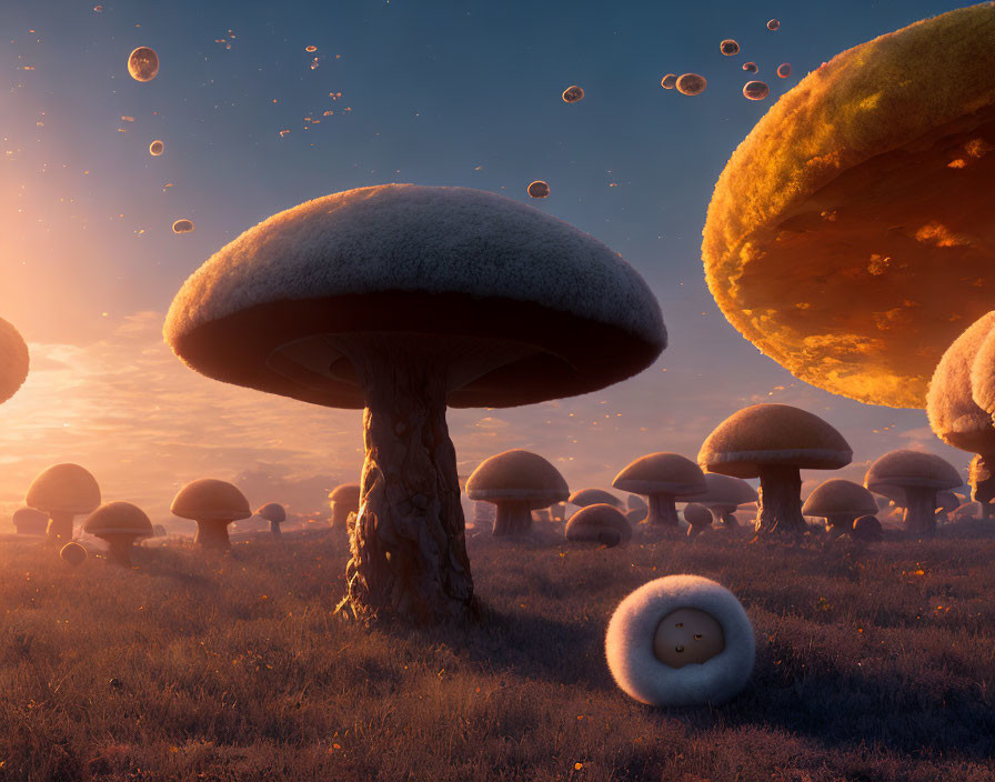 Dreamy landscape with oversized mushrooms under golden sunset sky and floating bubbles