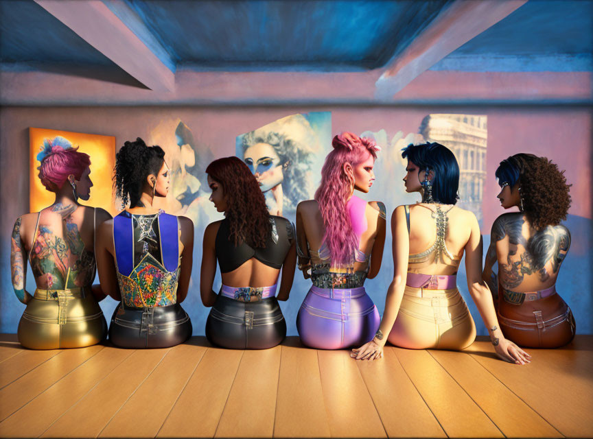 Six women with colorful hair and tattoos showcase unique styles against eclectic backdrop