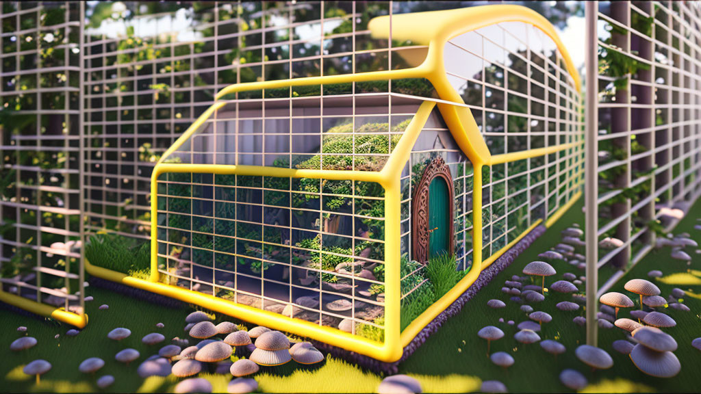 Whimsical 3D rendering of birdhouse-inspired greenhouse with lush greenery