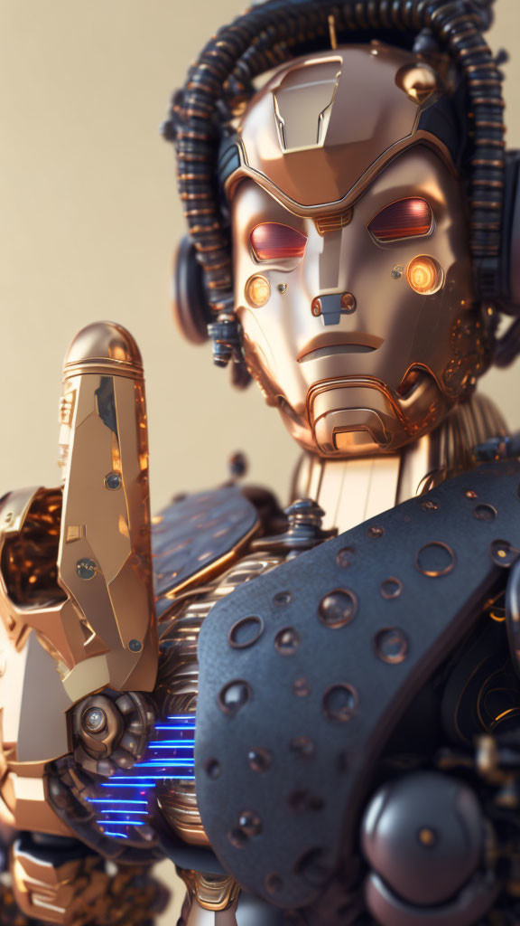 Detailed humanoid robot in gold and black armor with intricate designs and glowing blue energy.