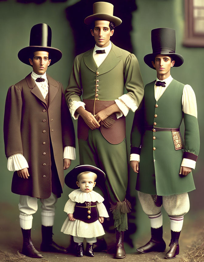 Men and child in vintage attire with top hats and coats posing formally