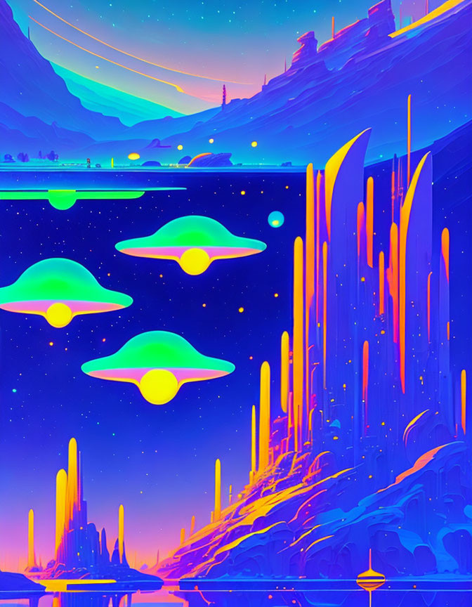 Neon palette digital art: Three UFOs over alien landscape