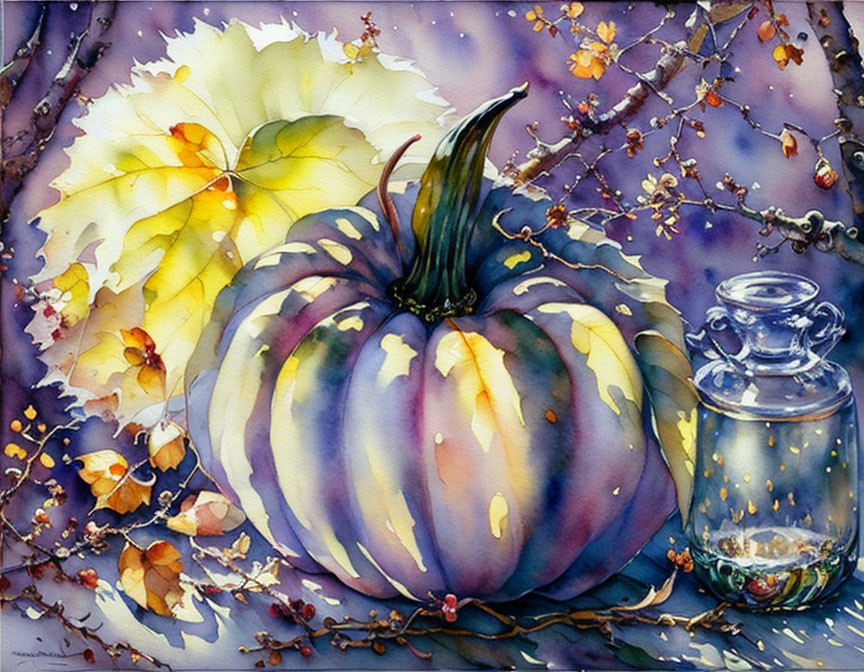 Striped pumpkin, yellow leaf, clear jar in watercolor painting on purple backdrop with blossoms.