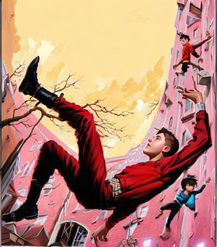 People in red climbing between two pink buildings in surreal illustration.