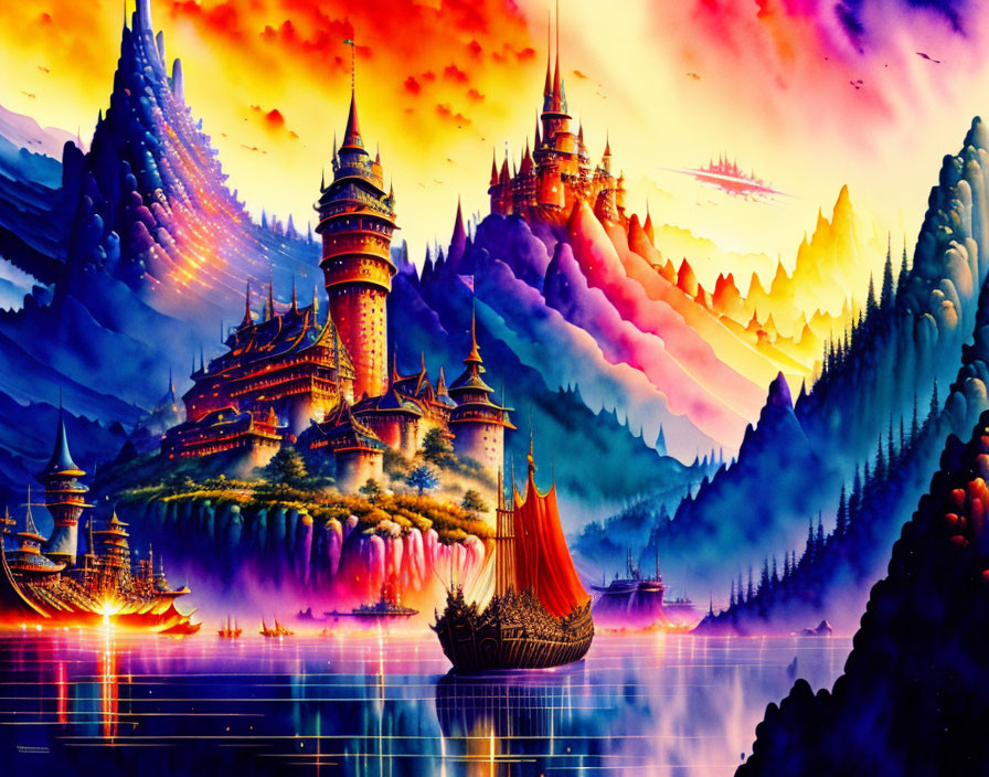 Fantasy landscape with castle, mountains, fiery sky, and tranquil water.