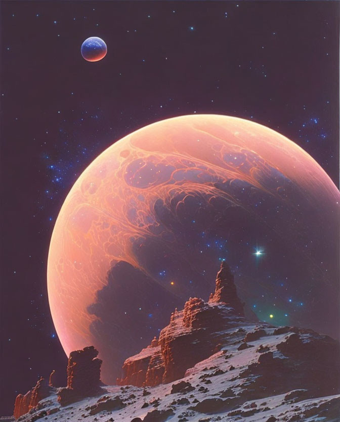 Surreal space scene with glowing planet above rocky alien landscape