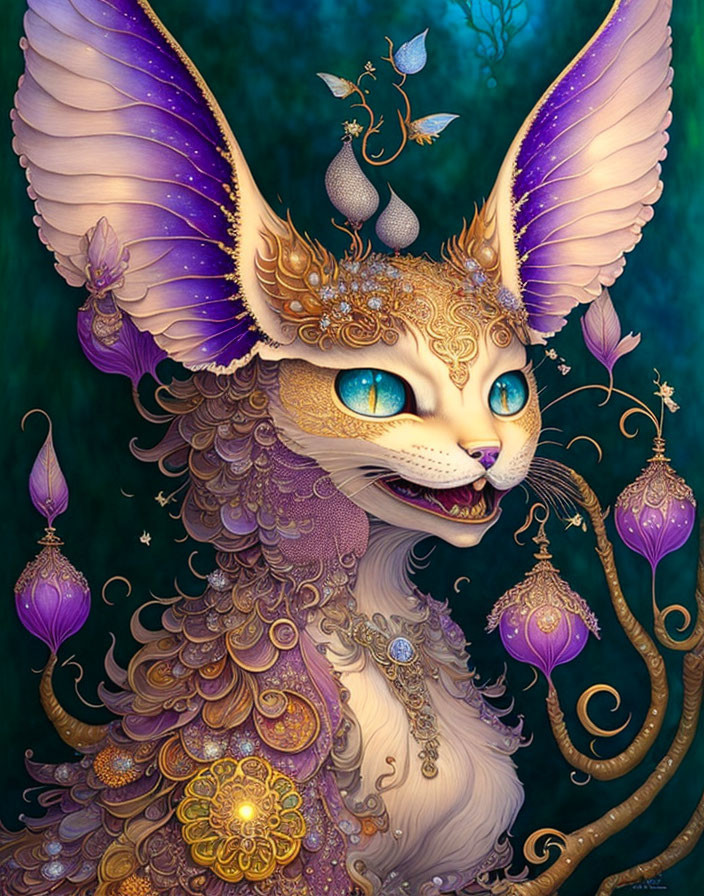 Fantastical cat with purple wings and golden adornments in enchanted forest.