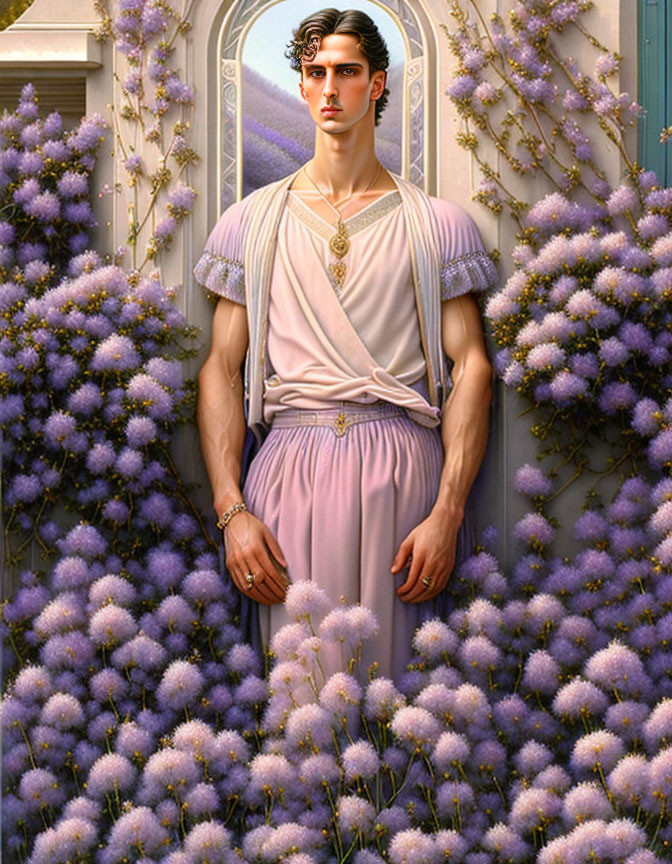 Classically attired man surrounded by purple flowers and ornate doorway