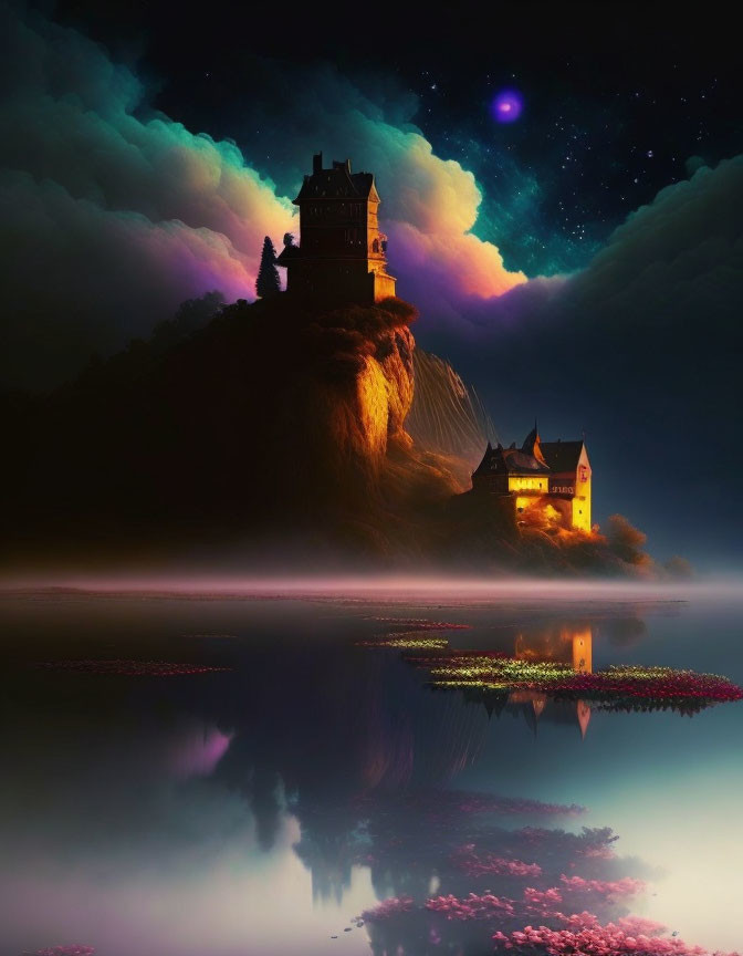 Nighttime landscape with illuminated castles on cliff reflecting in water under starry sky.