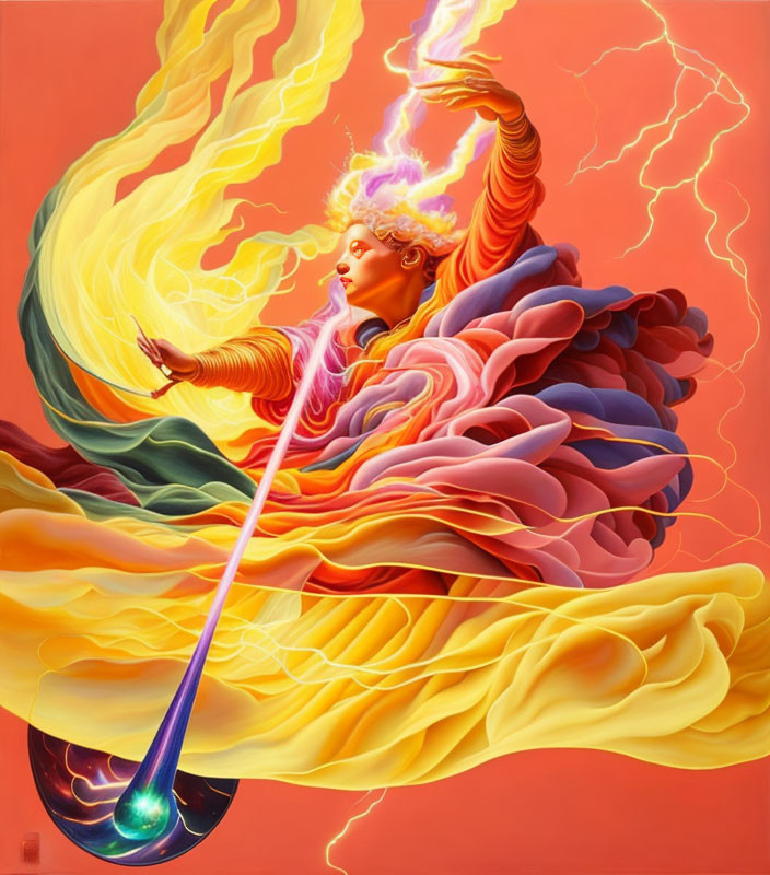 Mythological figure painting with flowing robes and flames against warm backdrop