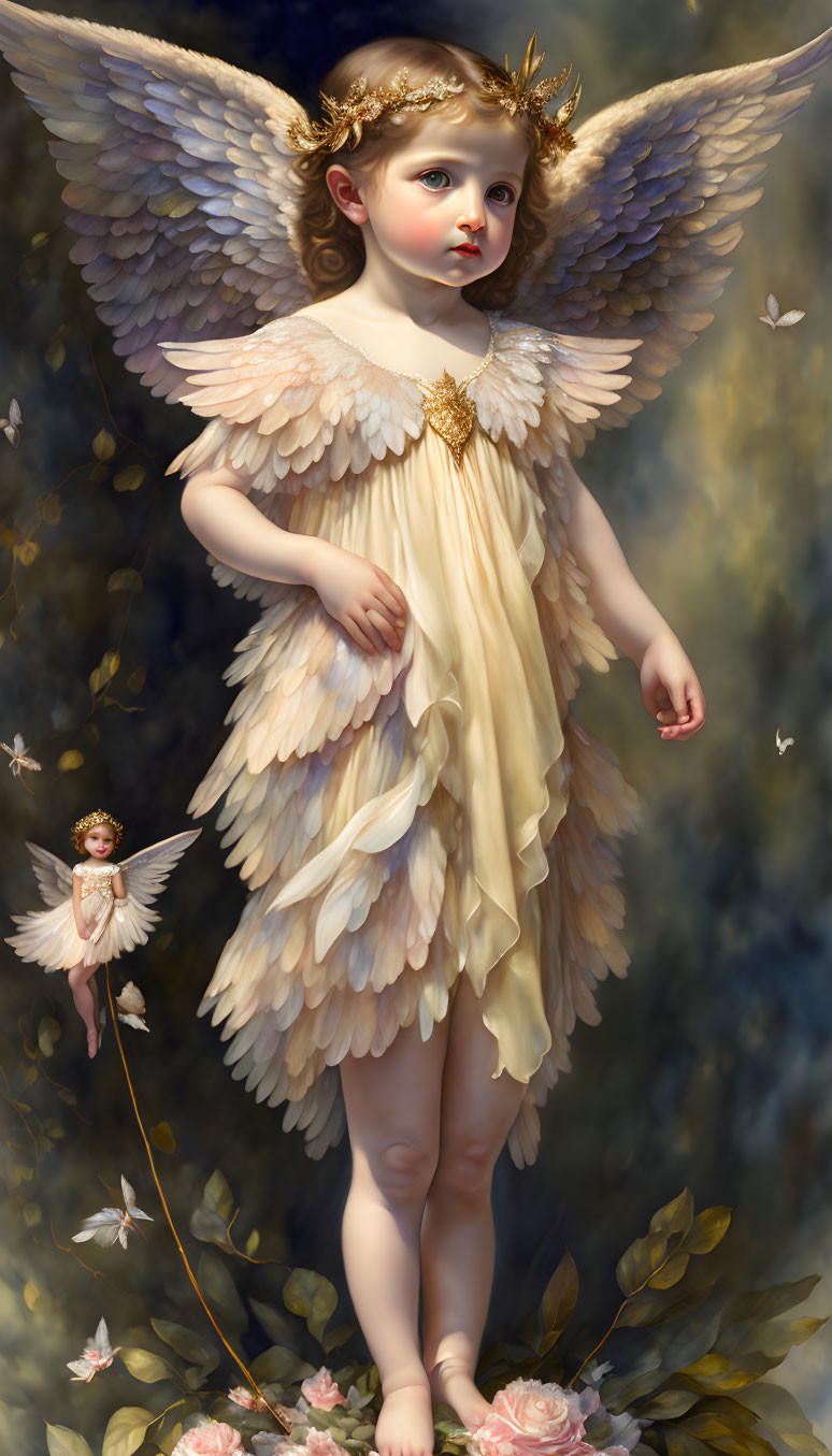 Child with angel wings in yellow dress surrounded by flowers and smaller angel figure.