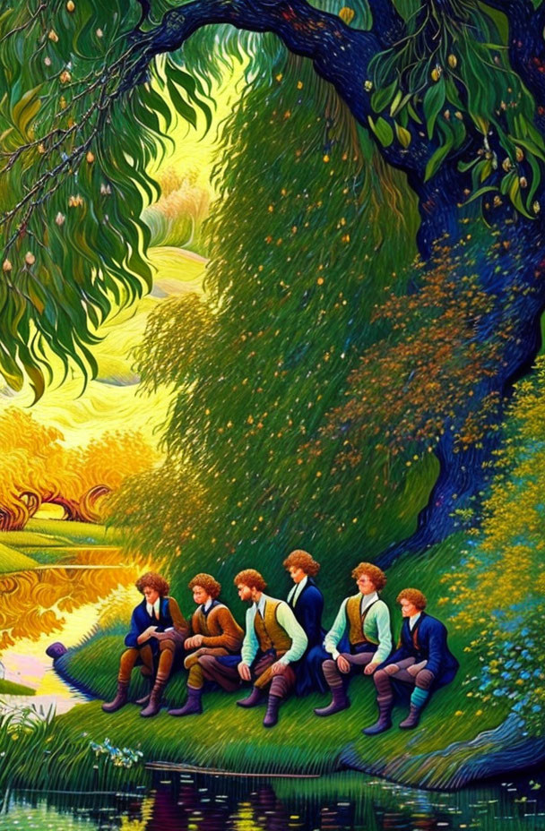 Five hobbit-like characters under vibrant tree in whimsical landscape